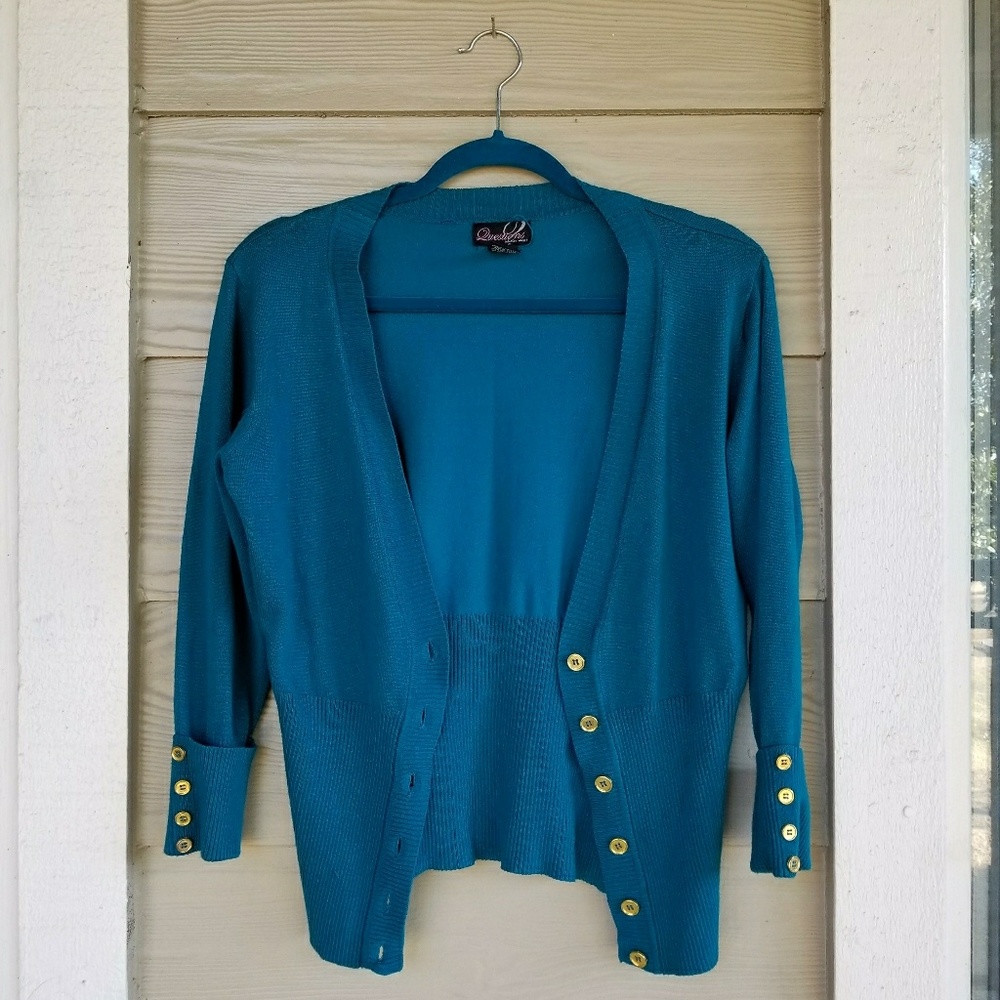 Medium blue cardigan w/ gold buttons